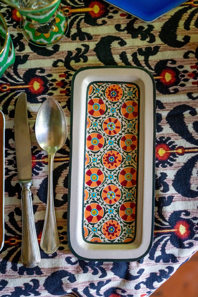 Ikat Hand-Painted Iron Tray - Rectangular White