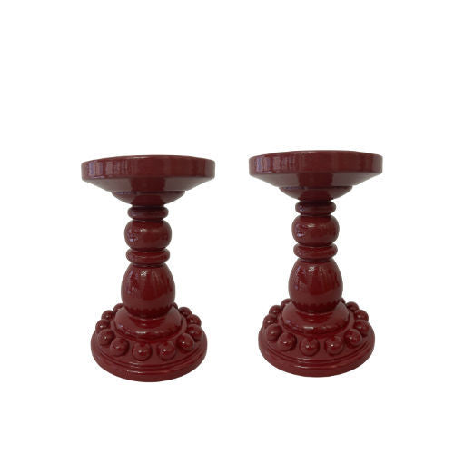 Pair of Deep Red Bobbin Candle Holders (Medium)