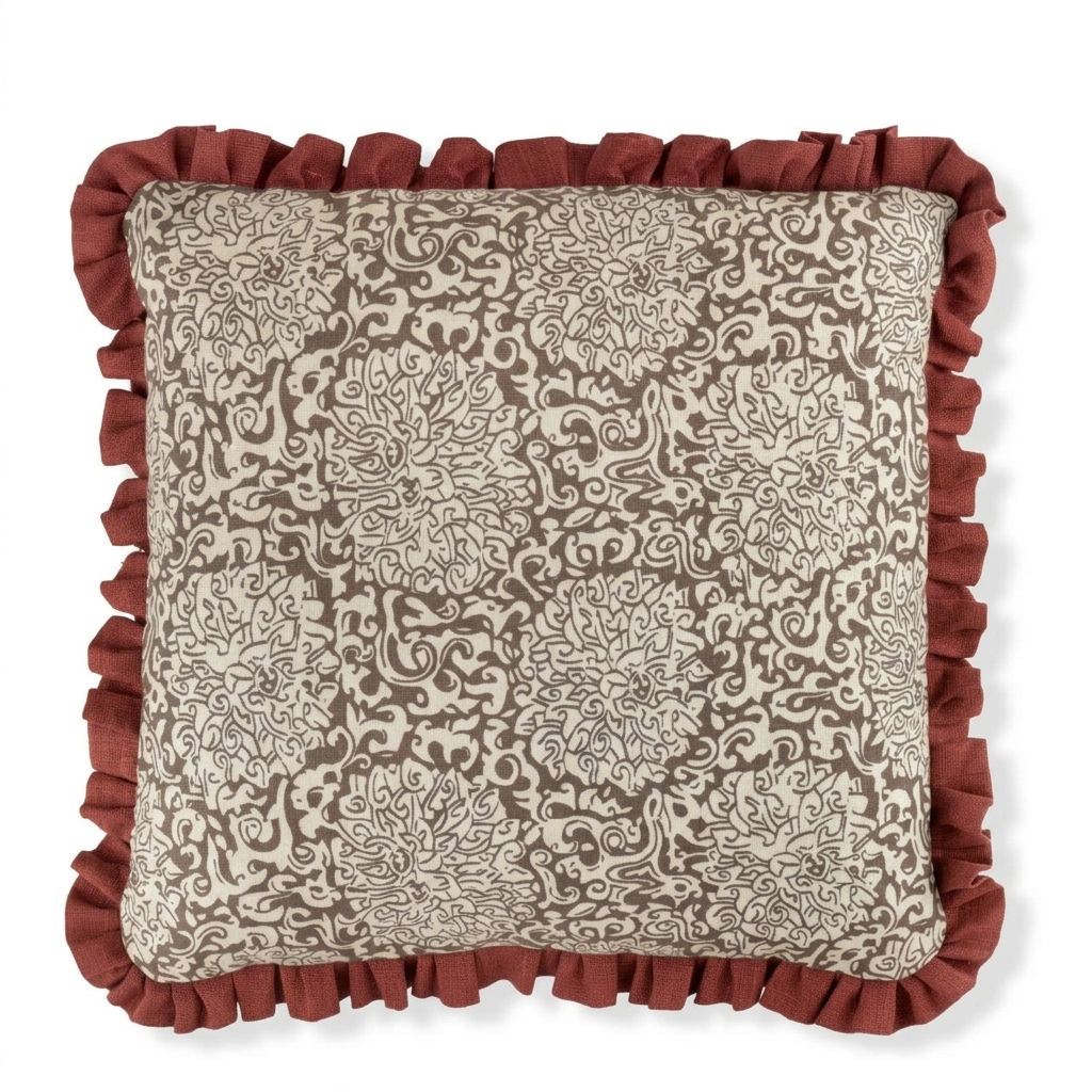VOLGA X FRITZ PORTER Chrysanthemum Print Cushion in Caramel/Oyster with Marsala Frill