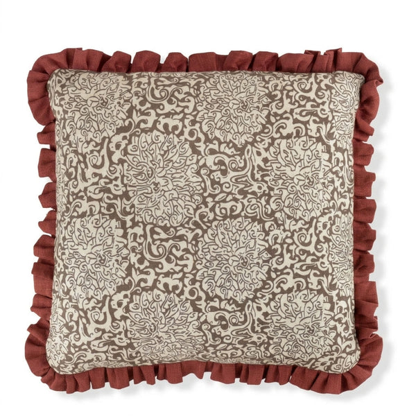 VOLGA X FRITZ PORTER Chrysanthemum Print Cushion in Caramel/Oyster with Marsala Frill