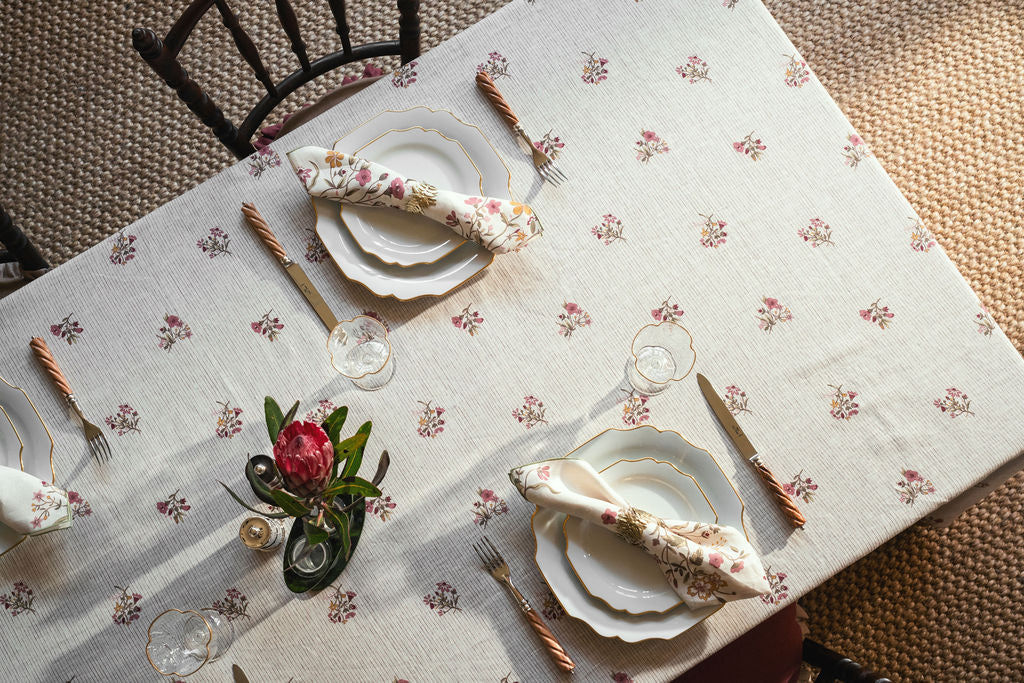Scarlet Flax & Field Posy Pinstripe Printed Tablecloth