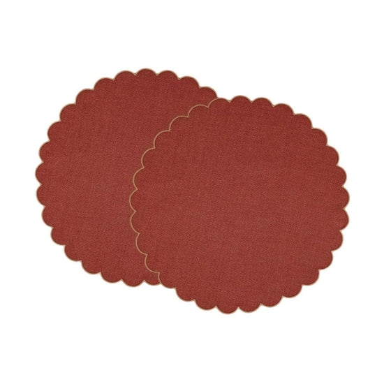 The Red and Yellow Ochre Linen Scalloped Round Placemats (Set of 2)