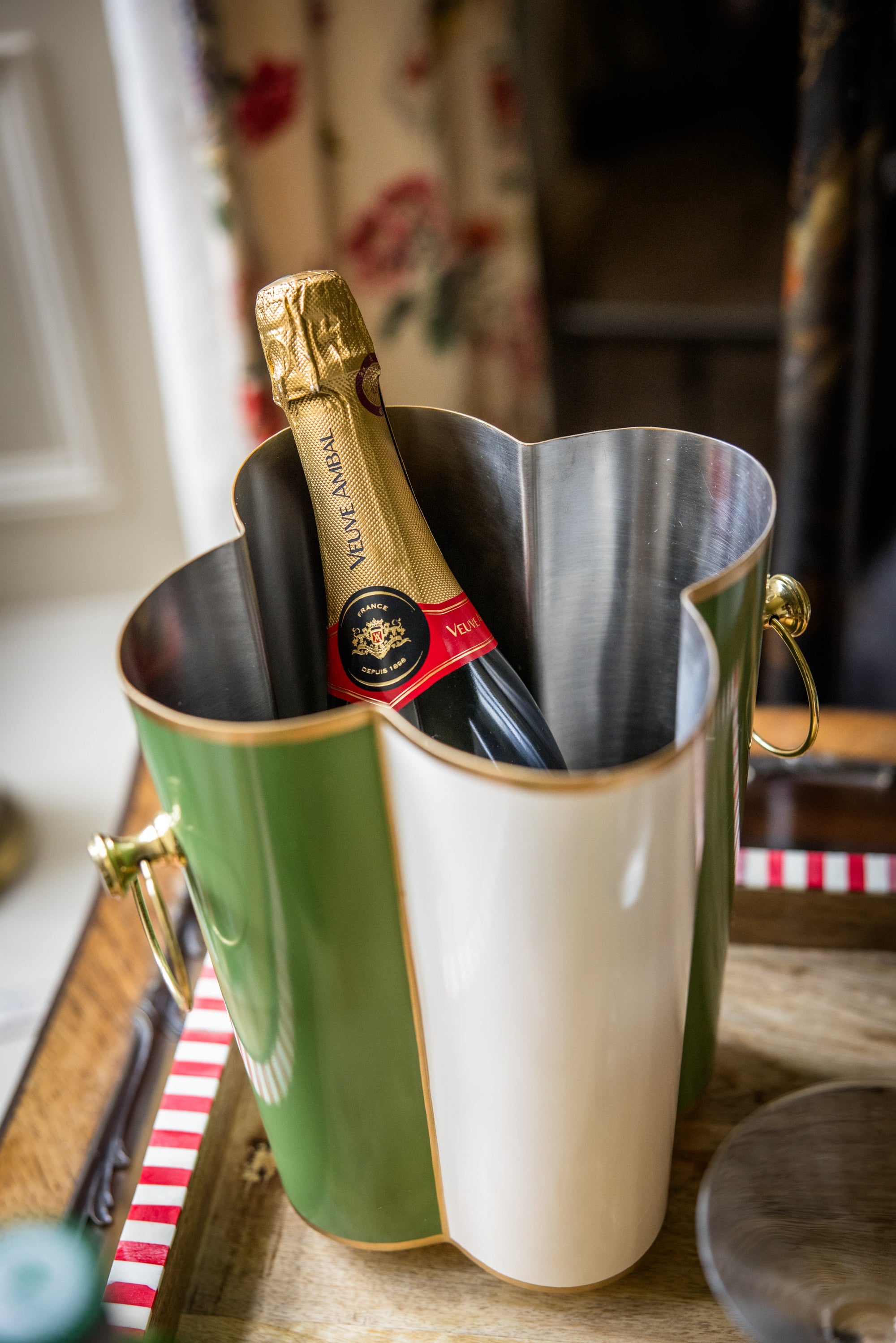 Scalloped Wine Cooler | Green and White | Striped