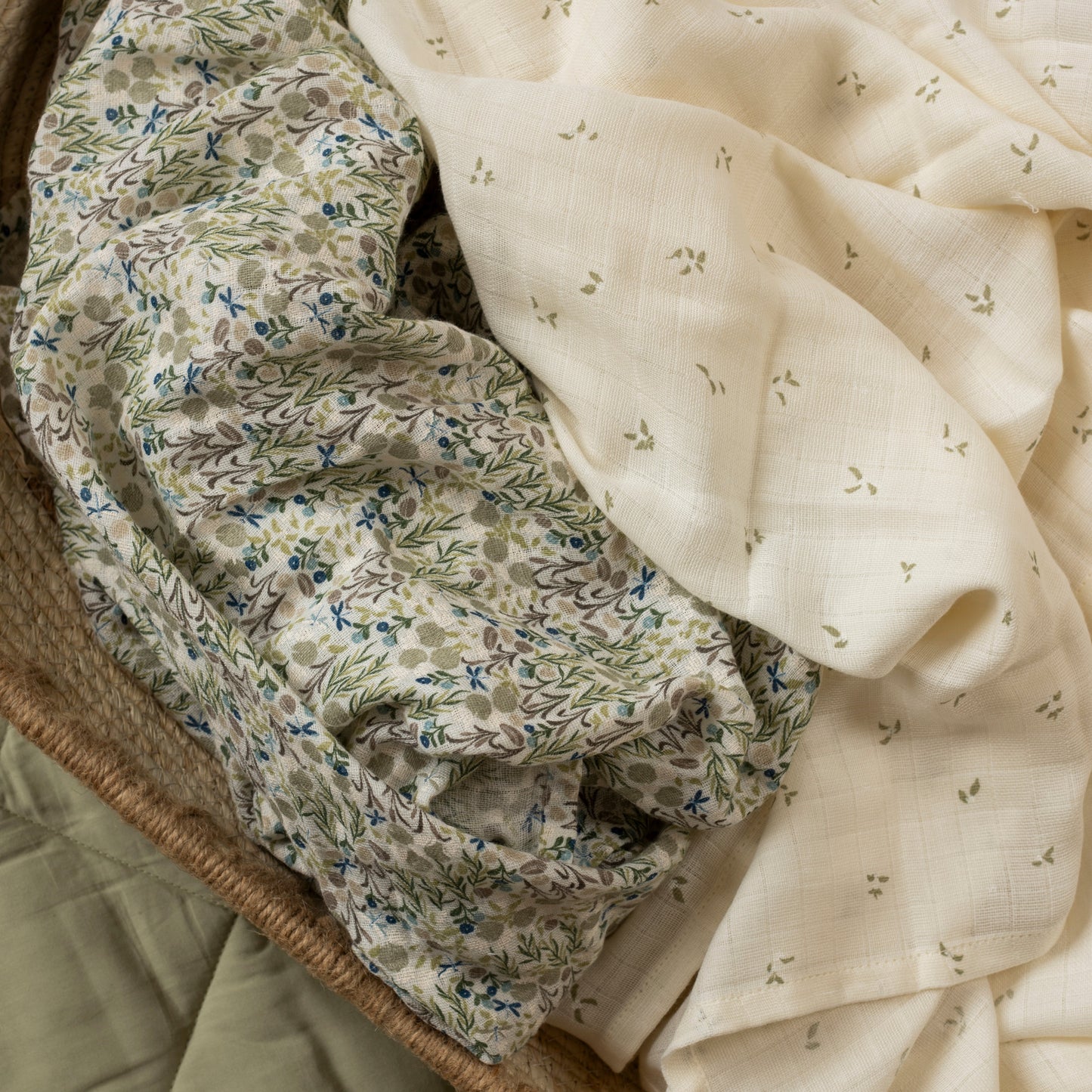 Organic Cotton Baby Muslin Swaddles, Set of 2 - Riverbank / Nettle Scatter