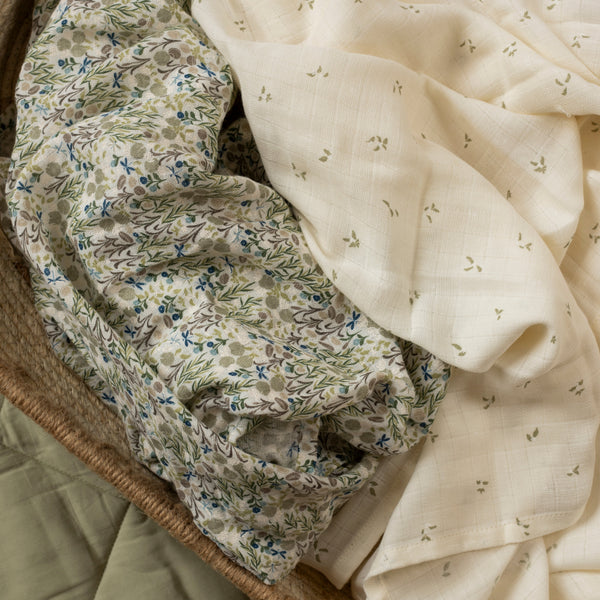 Organic Cotton Baby Muslin Swaddles, Set of 2 - Riverbank / Nettle Scatter