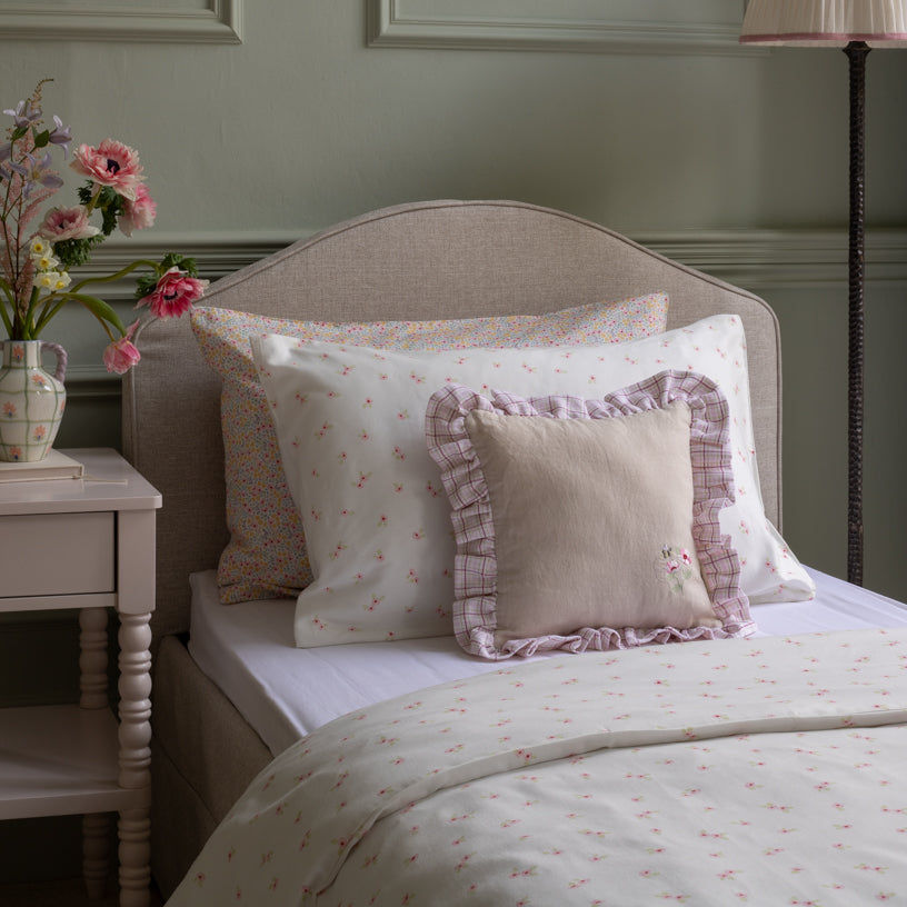 Square Linen Frill Cushion - Pink Check