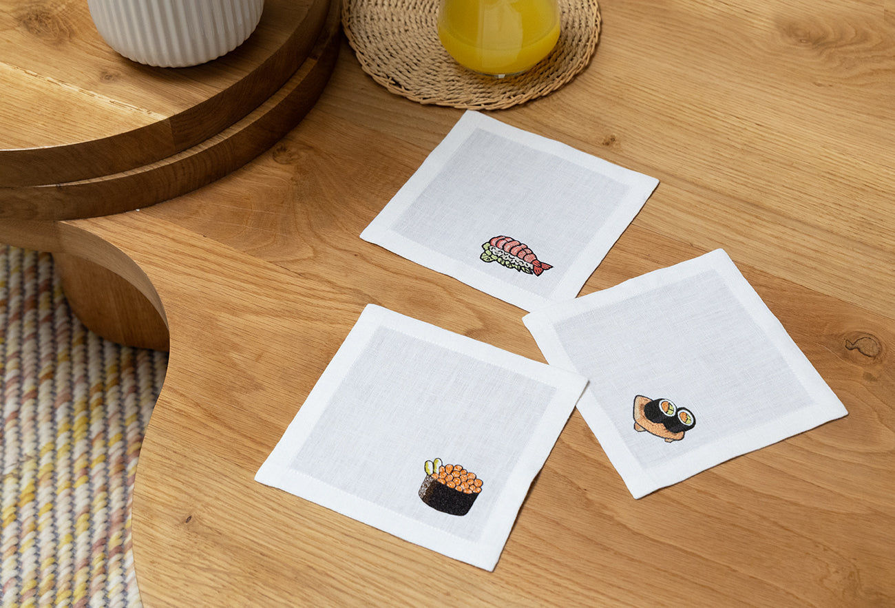 Embroidered Table Linen - Sushi Cocktail Napkins (Set of 4)
