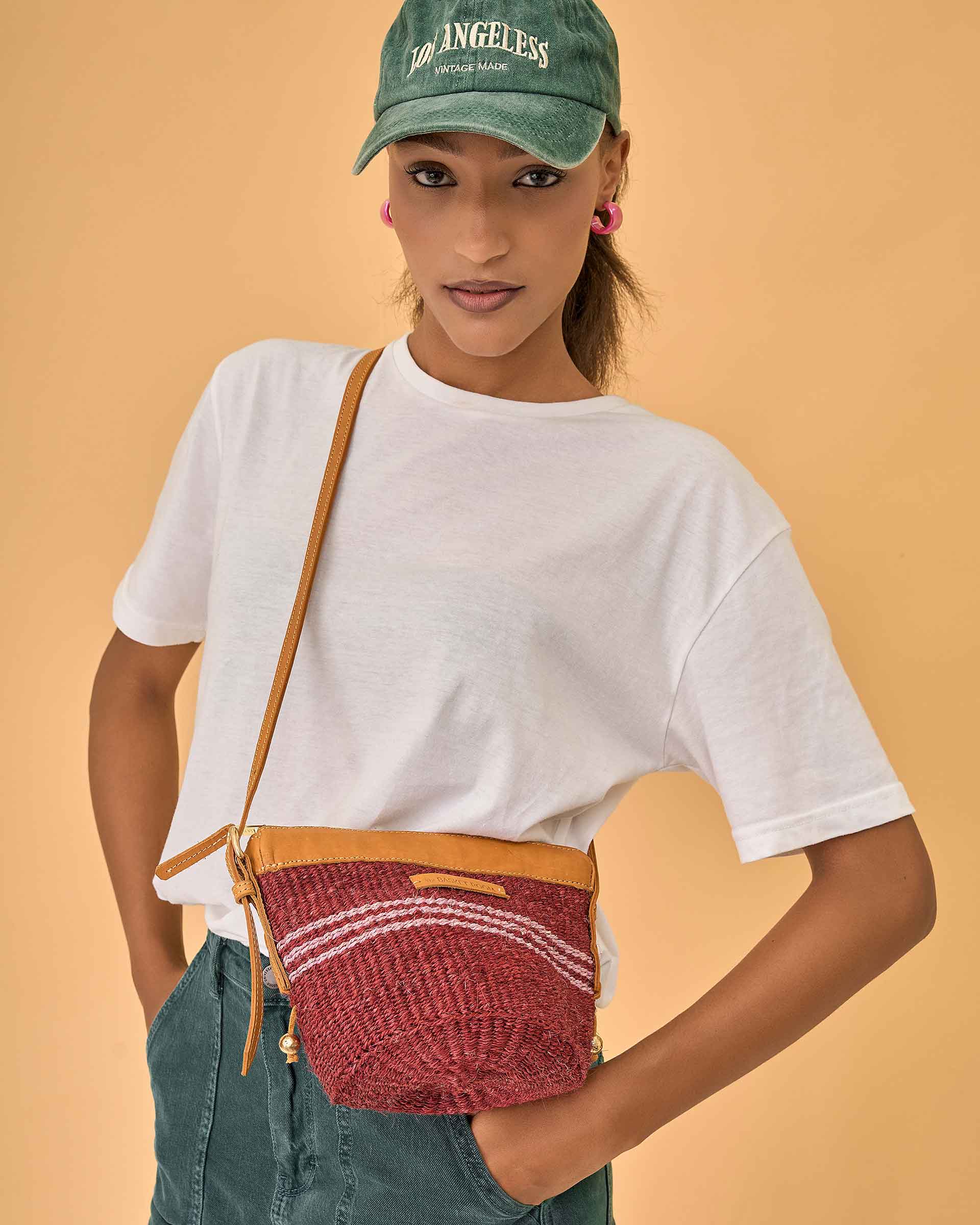 BUNI: Ruby and Vintage Pink Sisal Mini Cross-Body Bag