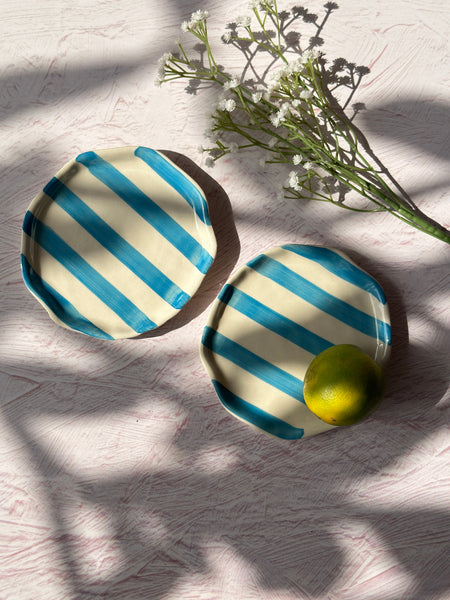 Ceramic Aqua Stripe Plate, 6.3x6.3 Inches (Set of 4)
