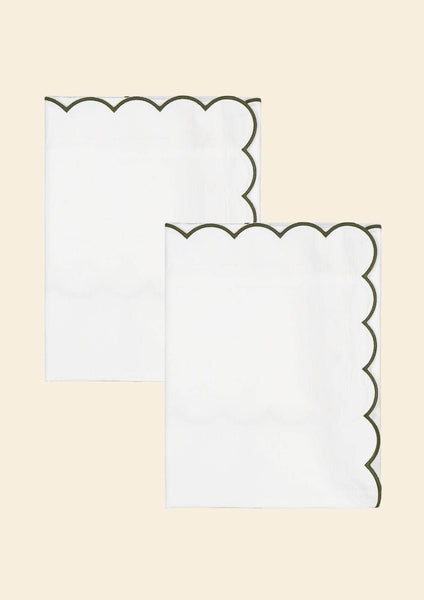 The Scalloped Pillowcases in White & Forest Green Cotton Percale (Set of 2)