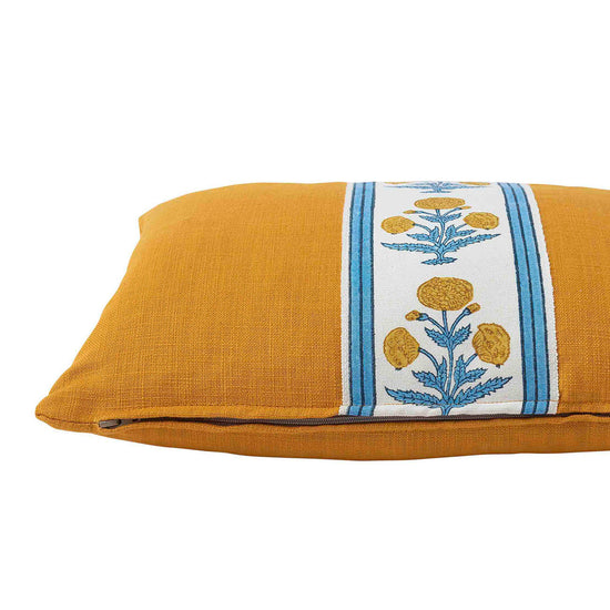 Cushion Turmeric Cotton with Poppy Blue/Yellow Tape