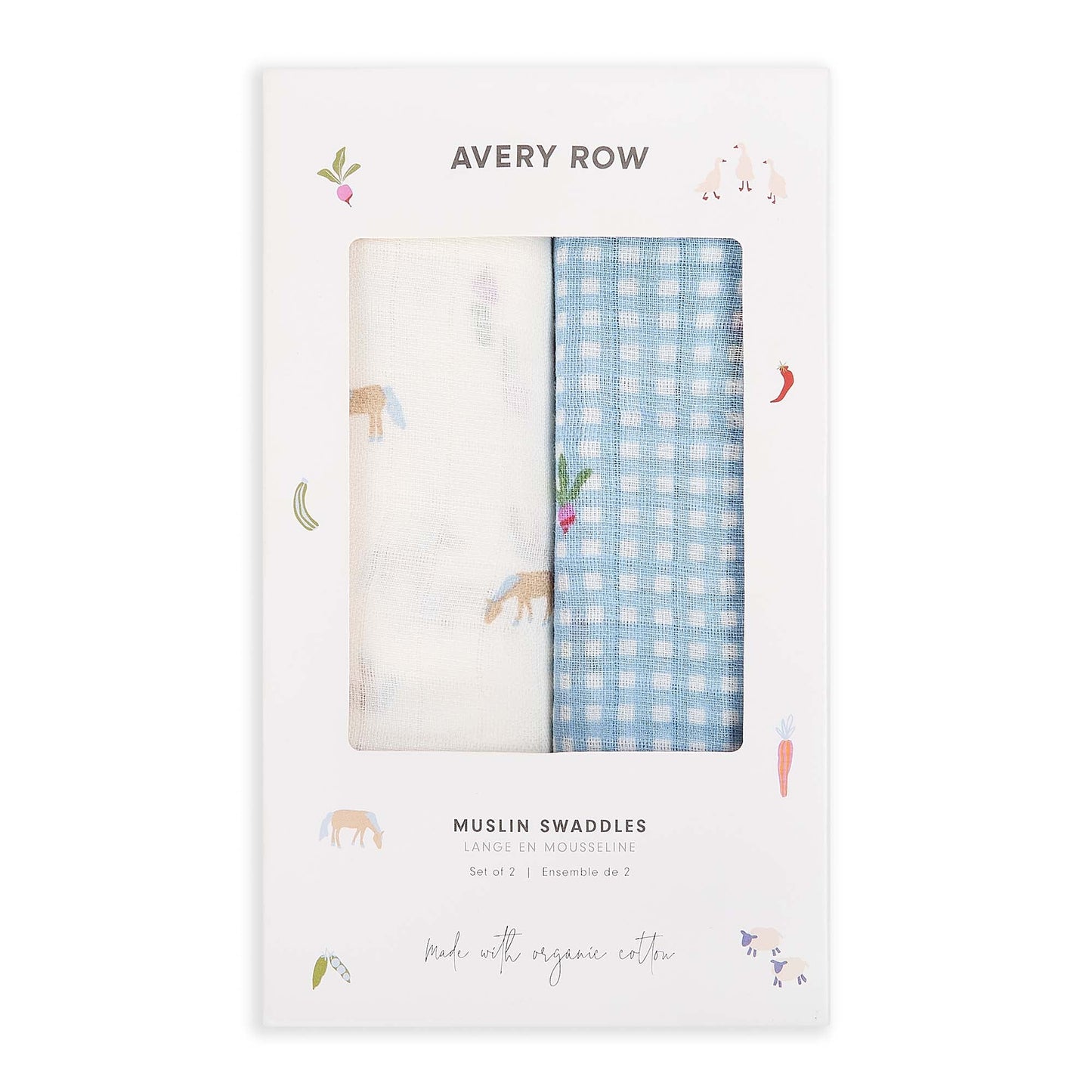 Organic Cotton Baby Muslin Swaddles, Set of 2 - Little Farm / Radish