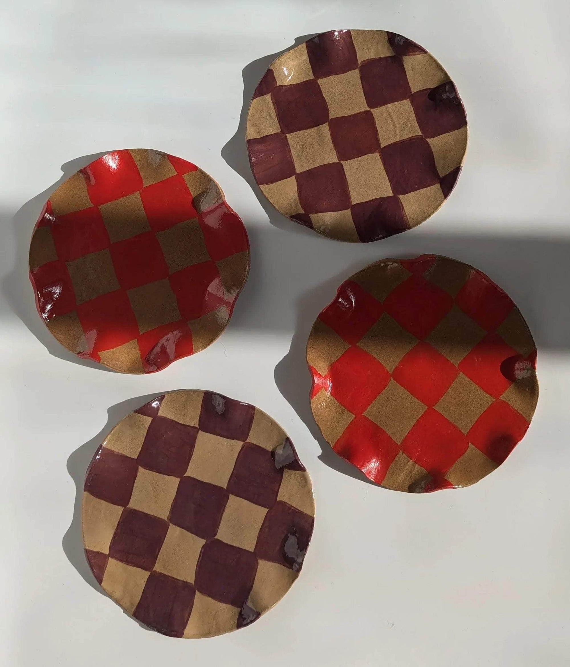 Set of 4 Red & Burgundy Wavy Check Side Plates