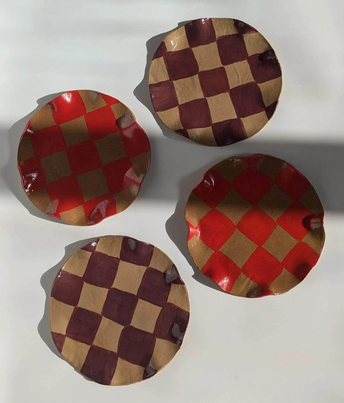 Set of 4 Red & Burgundy Wavy Check Side Plates