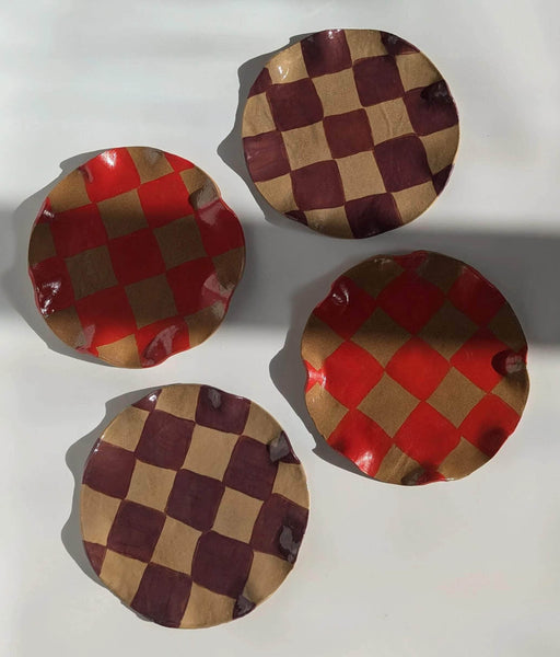 Set of 4 Red & Burgundy Wavy Check Side Plates