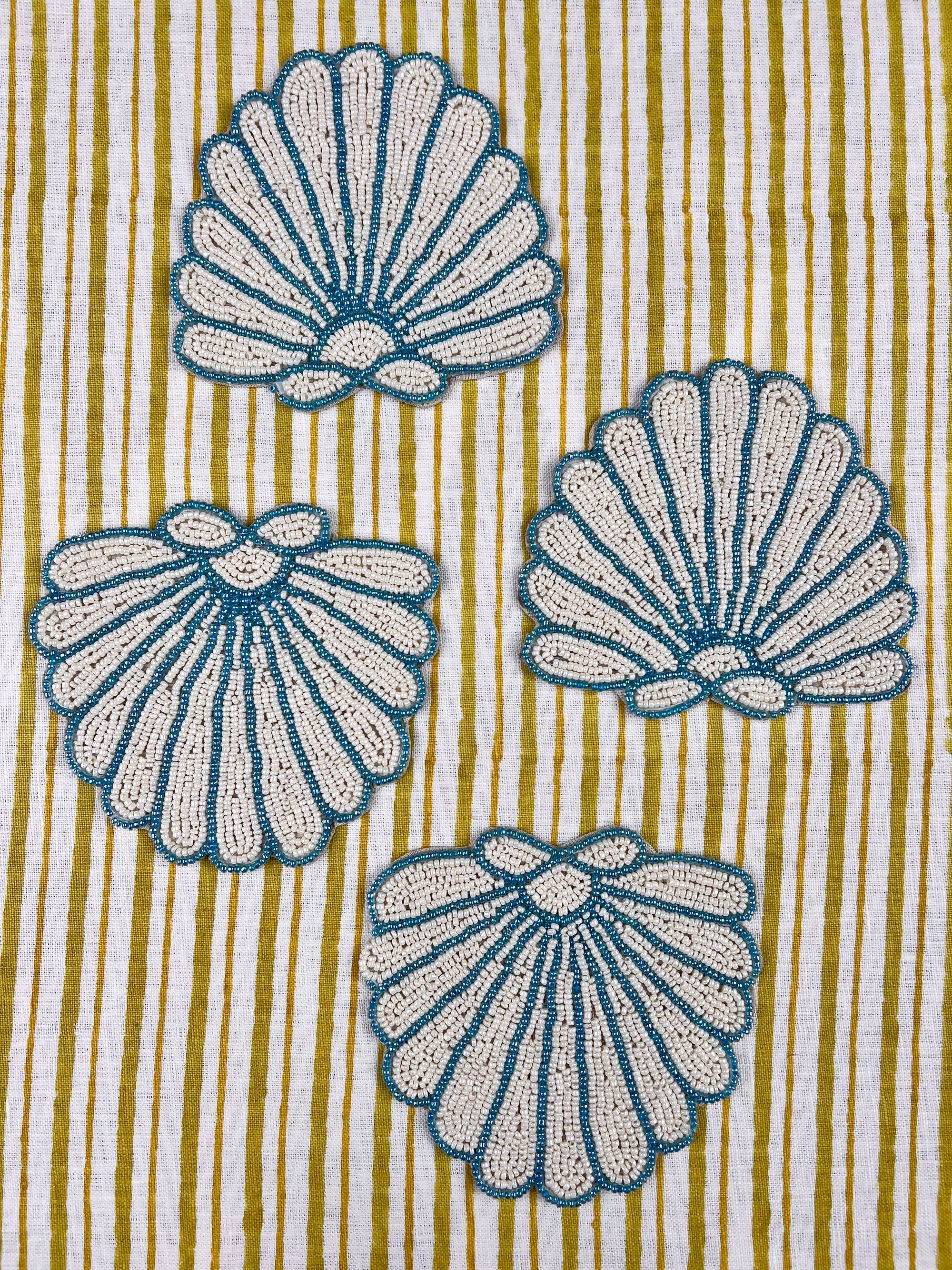 Beaded Shell Coasters - Ocean Blue & Ivory (set of 4)