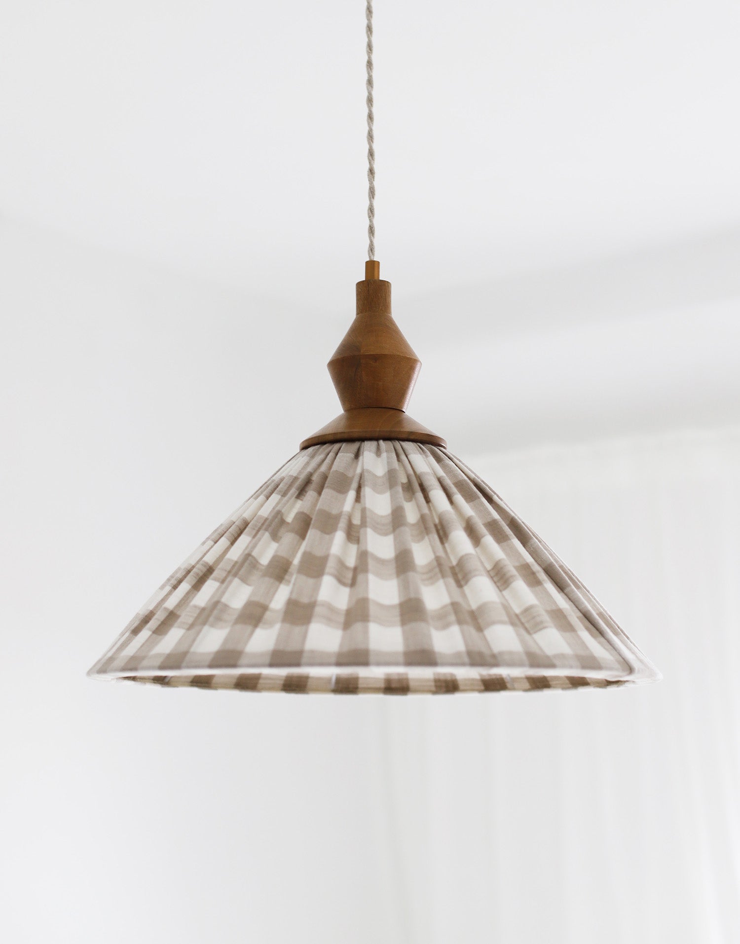 Olga Pleated Pendant Light in Beige Check Fabric with Turned Wood Finish