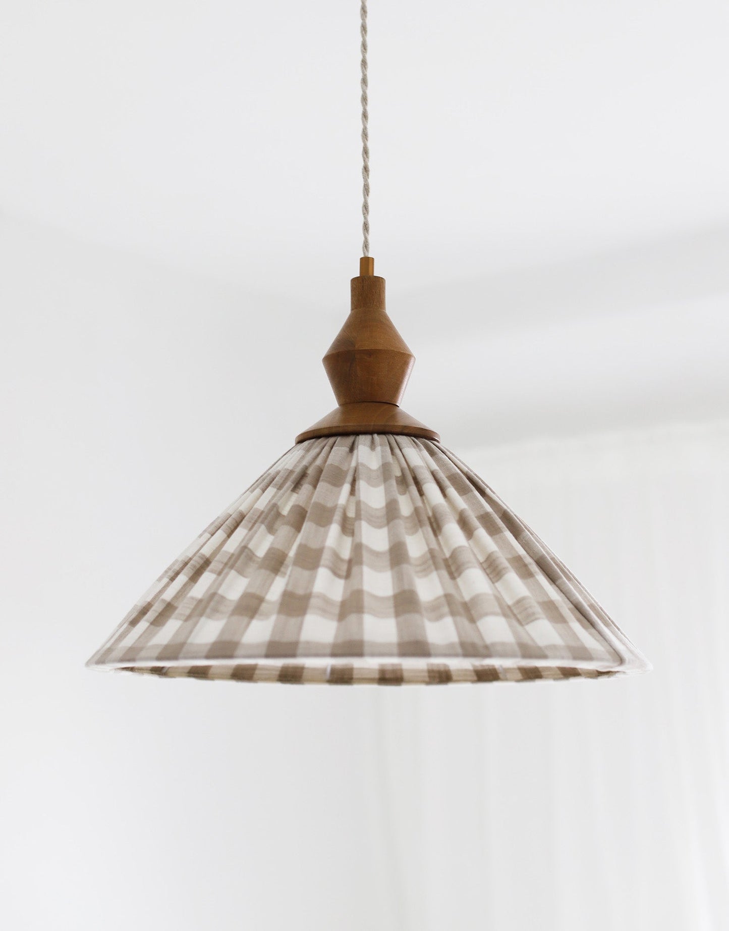 Olga Pleated Pendant Light in Beige Check Fabric with Turned Wood Finish