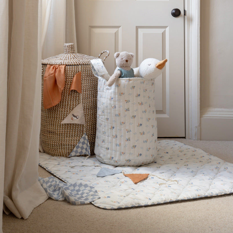 Large Quilted Storage Basket - Coastline / Waves