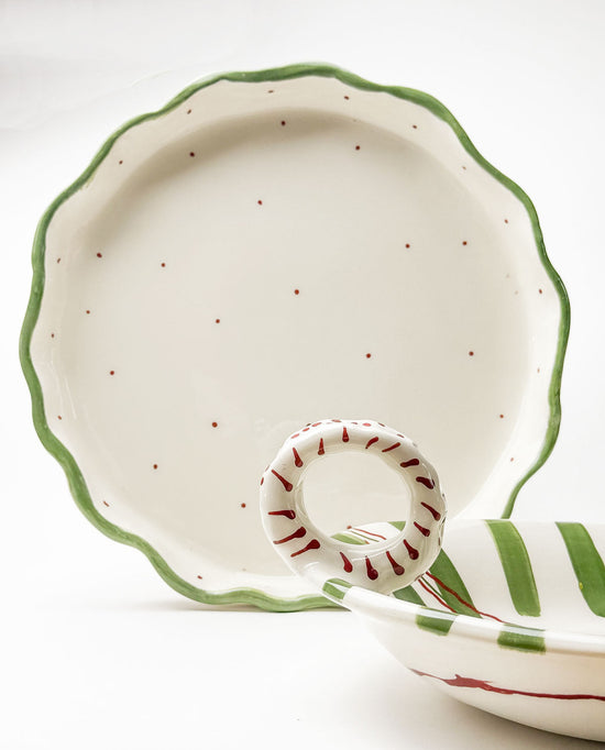 Handmade Christmas Ceramic Platter with Wavy Rim