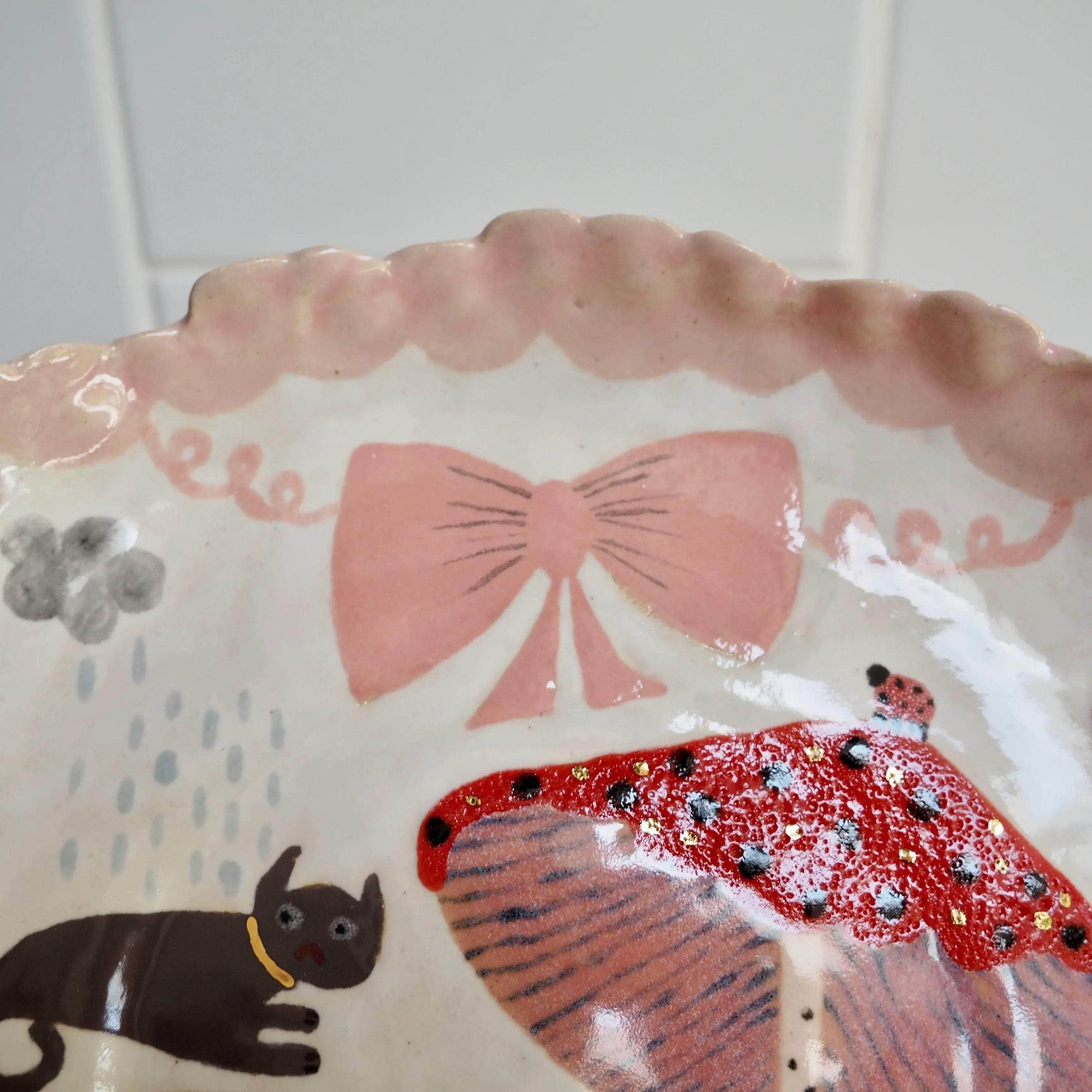 Handmade Illustrated Plate With Toadstools, Cat, Hearts, and Bows.