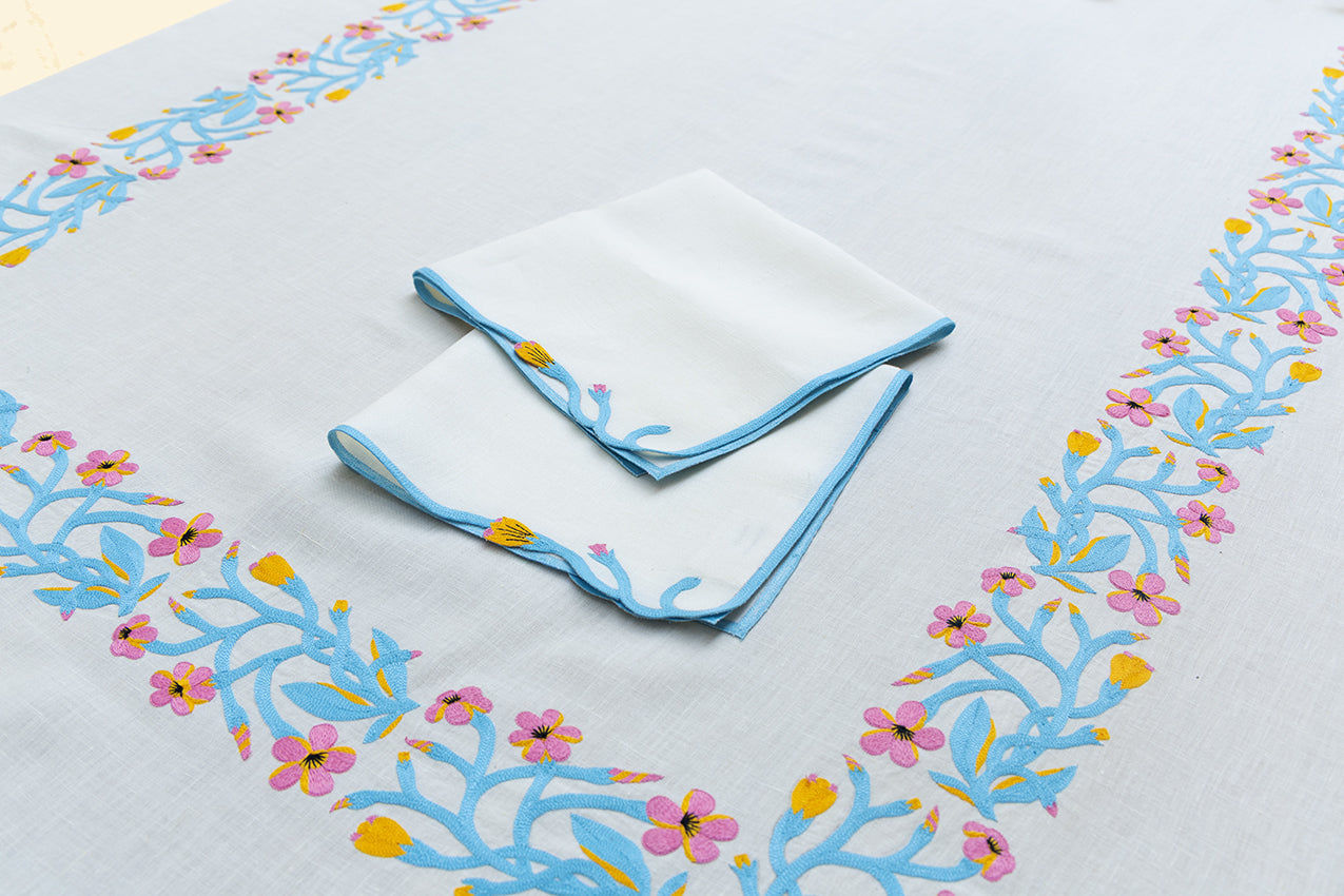 Embroidered Tablecloths - White & Blue (Set of 4)