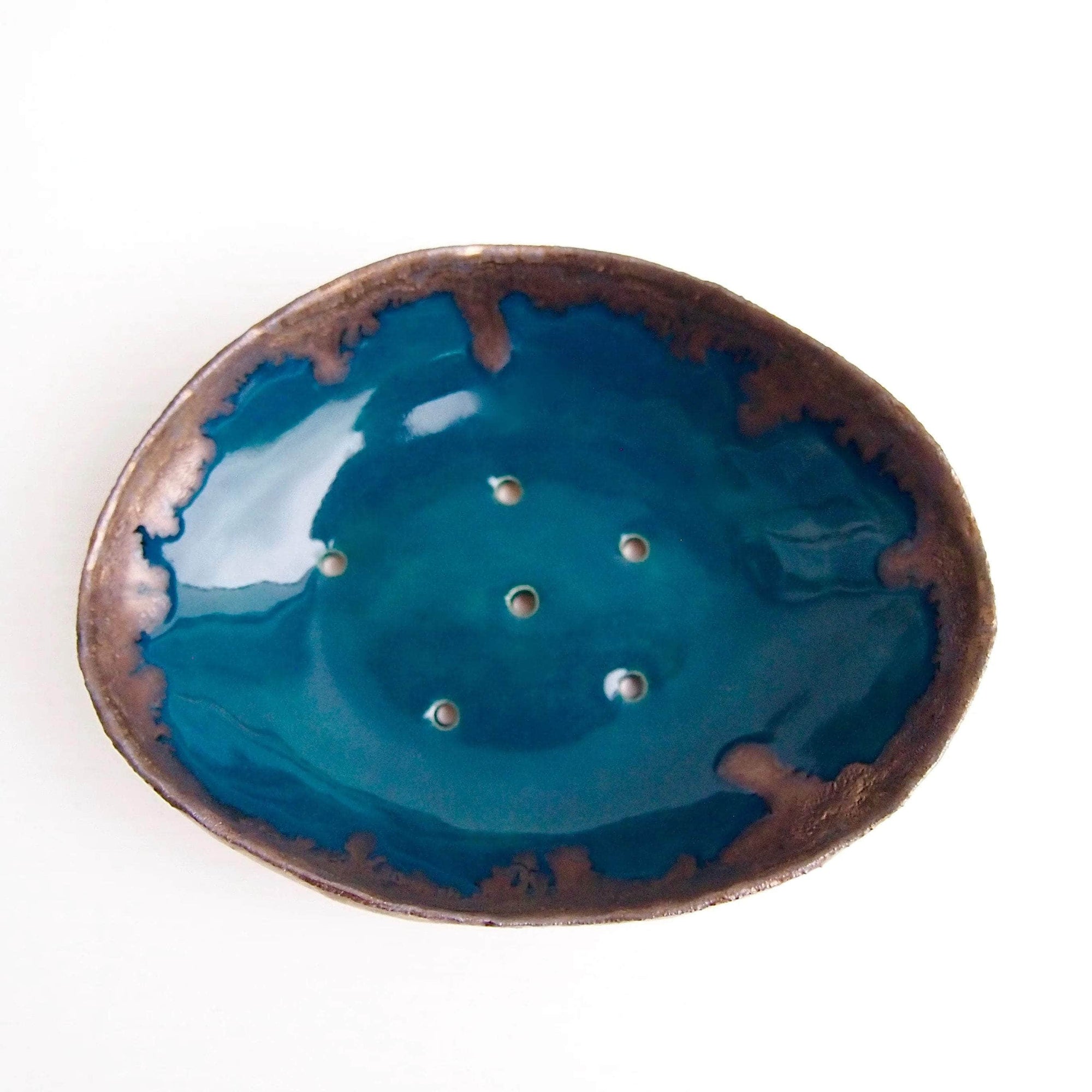 Handmade Teal Blue And Gold Oval Ceramic Soap Dish With Scalloped Top Edge
