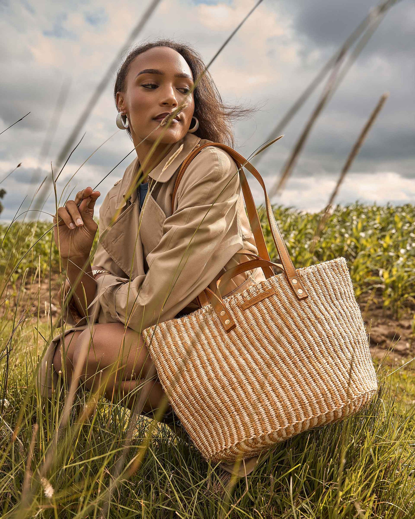 DHEHEBU: Gold and Natural Pinstripe Sisal Shopper