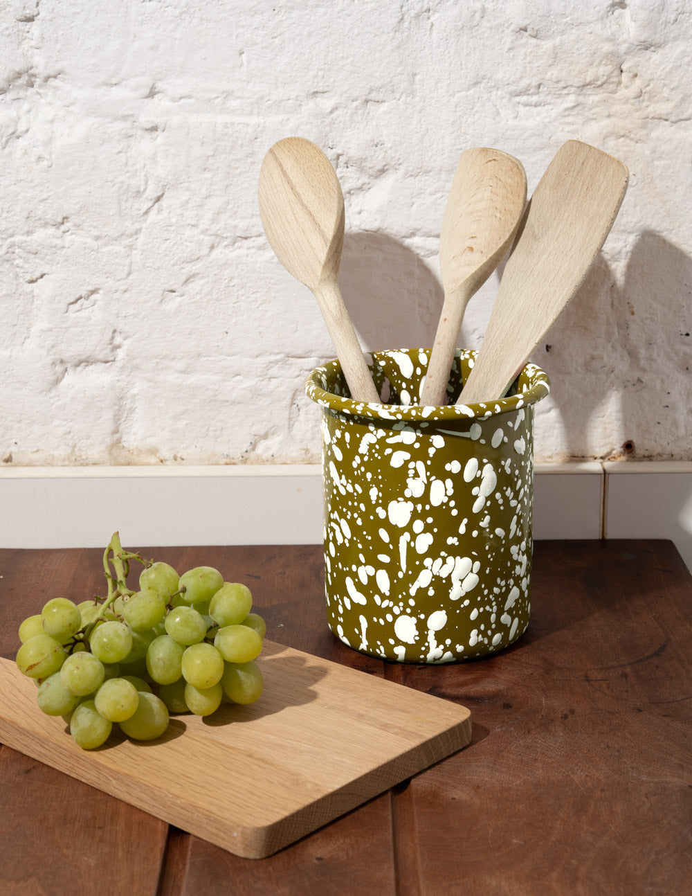 Splatter Enamel Utensil Pot - Olive/Cream