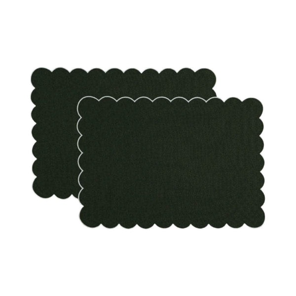 The Forest Green and White Linen Scalloped Rectangular Placemats (Set of 2)