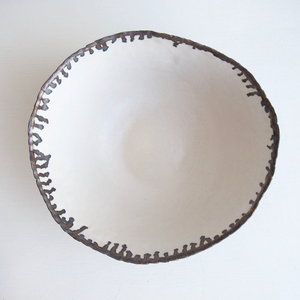 Handmade Satin White and Black/Gold Textural Ceramic Fruit Bowl