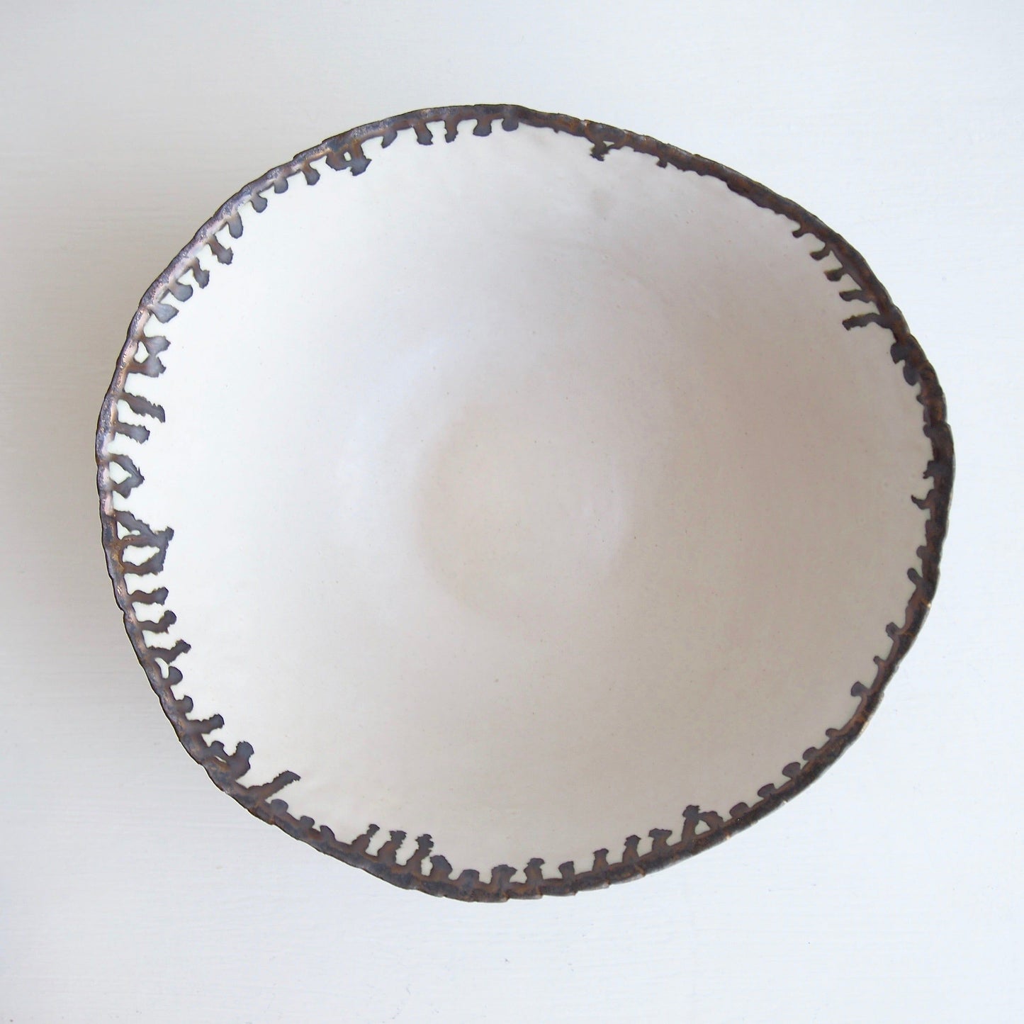 Handmade Satin White and Black/Gold Textural Ceramic Fruit Bowl