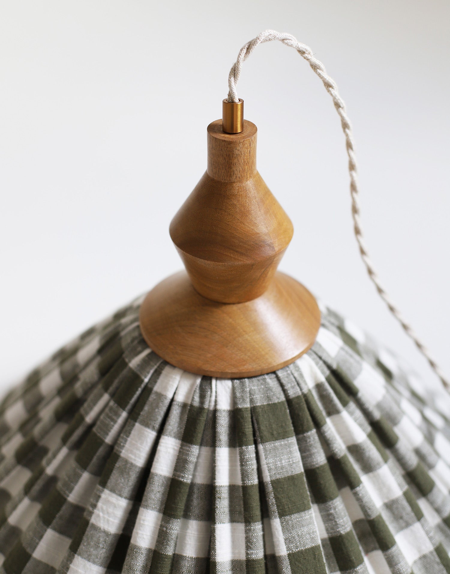 Olga Pleated Pendant Light in Khaki Check Fabric with Turned Wood Finish