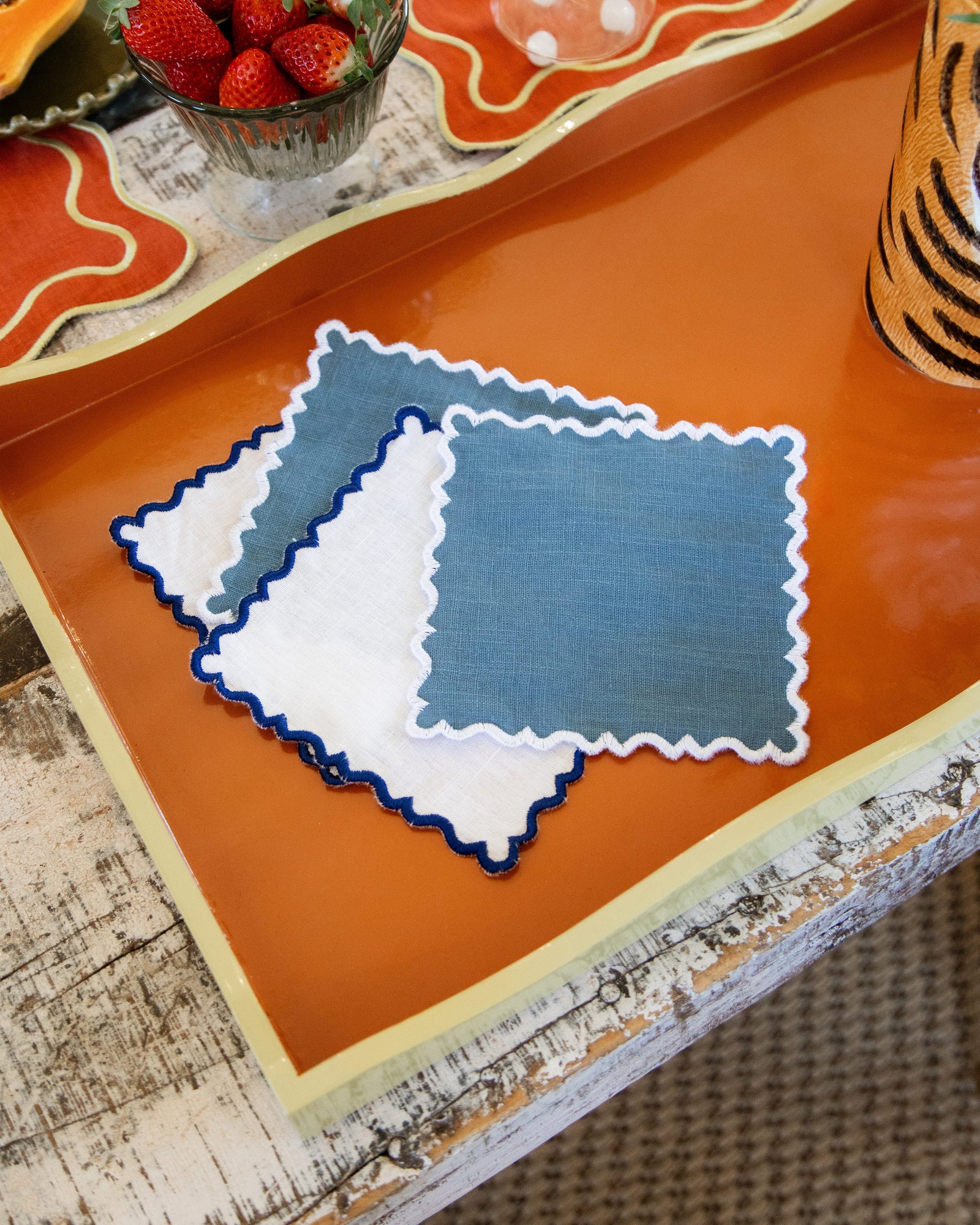Scalloped Cocktail Napkin, White with Dark Blue