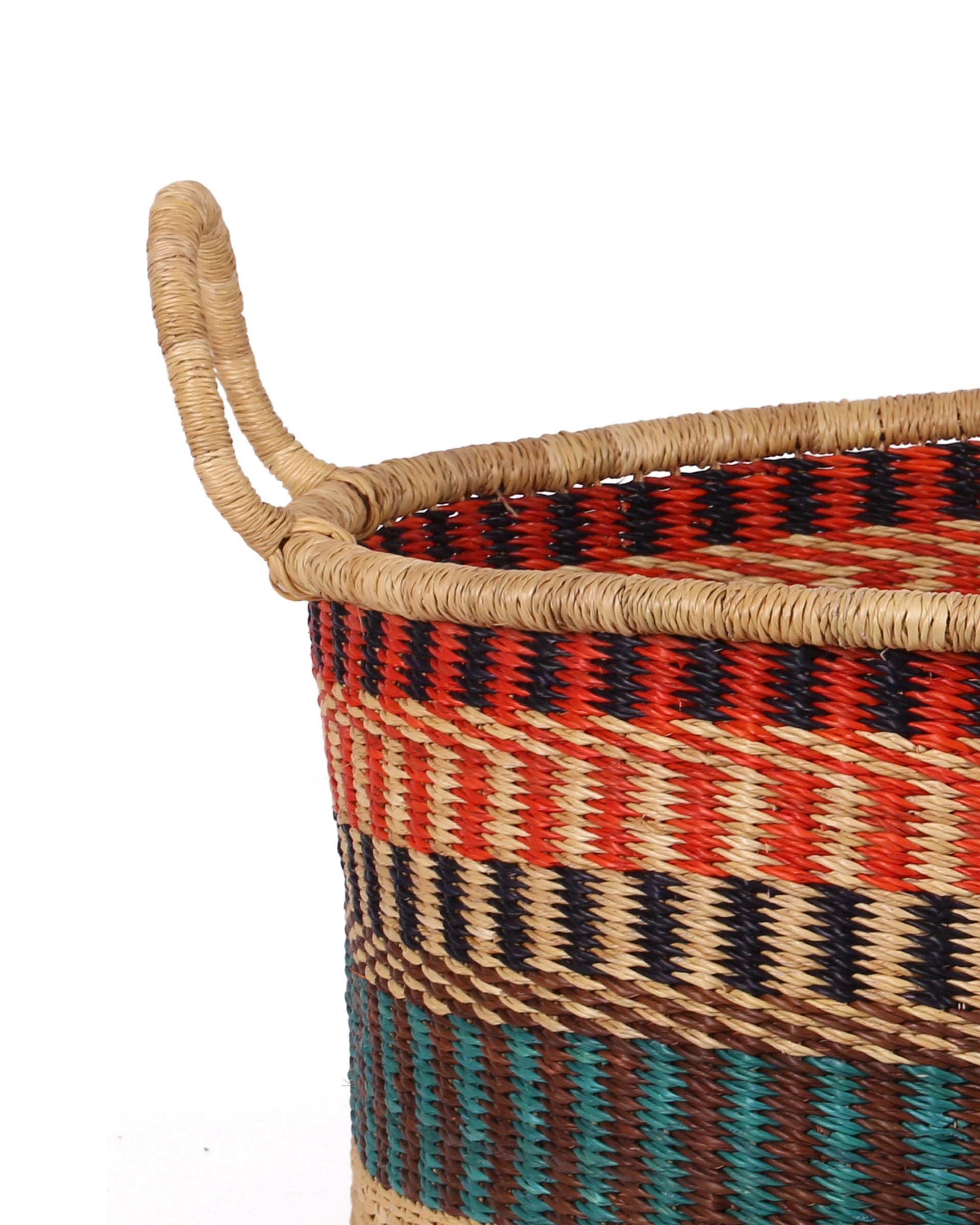 KWEKU: Medium Orange, Teal and Brown Floor Storage Basket with Handles