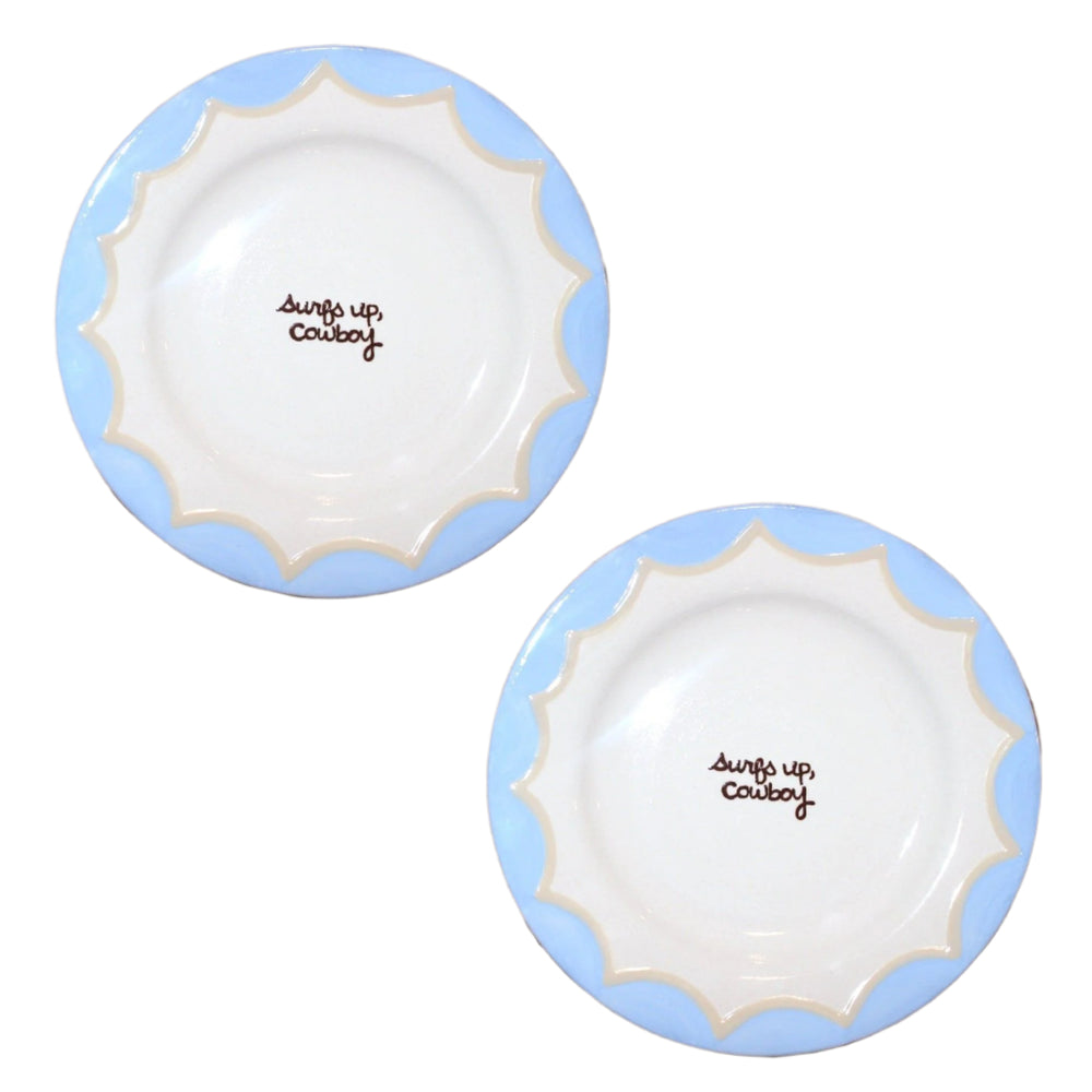 “Surfs up, cowboy” Hand-Painted Plates/Collection of Two