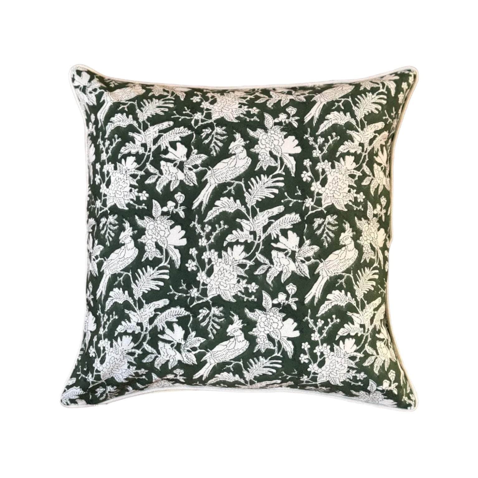 Cushion Cover Olive Green Toile Block Printed