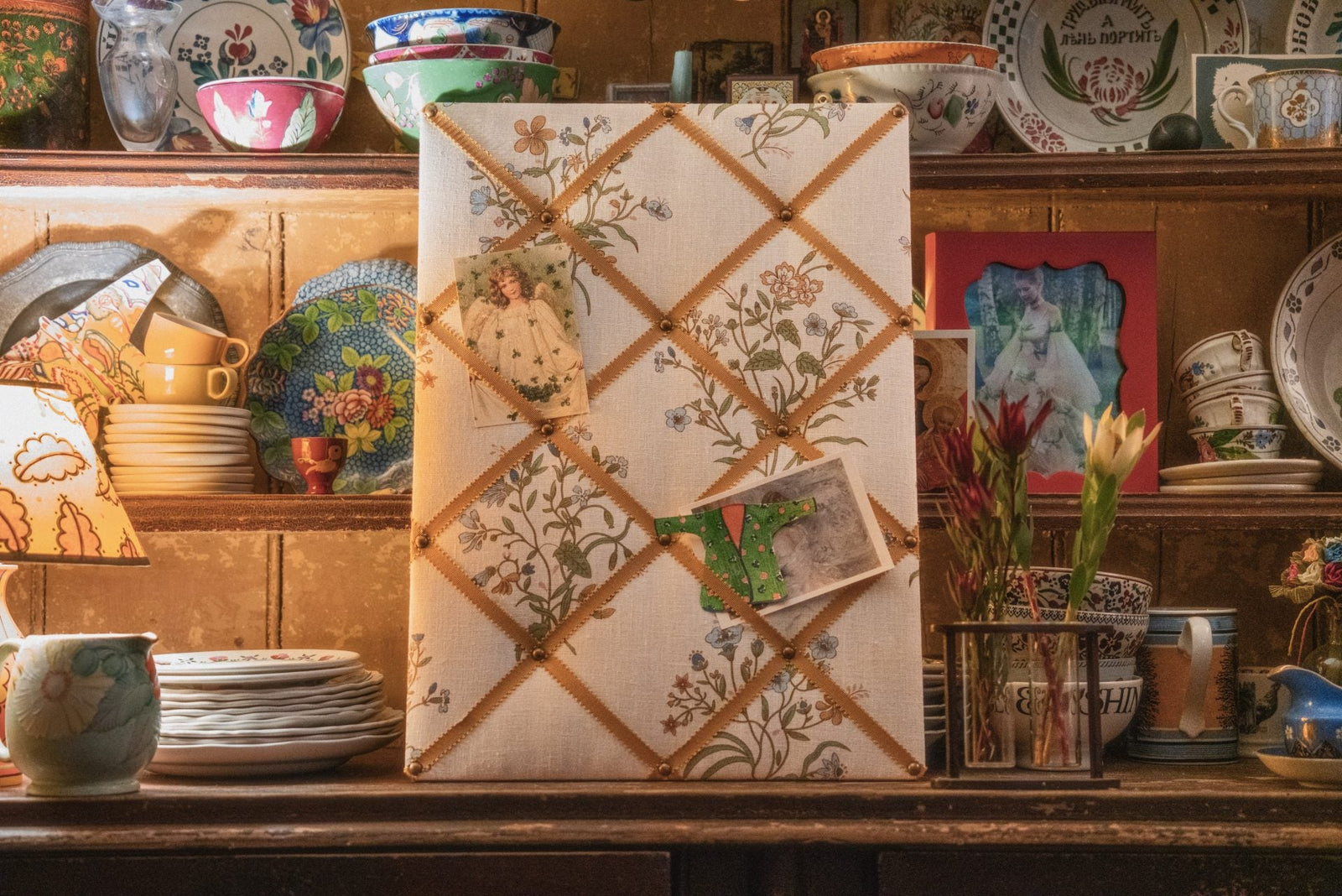 Ribboned Bulletin Board in Volga’s Flax & Field Flower Print with Ochre Trim