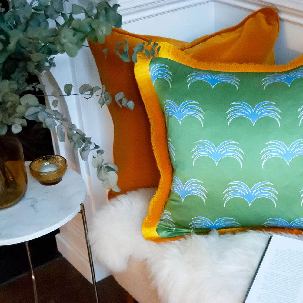 The Delray Cushion - Green and Bright Blue with Fringing