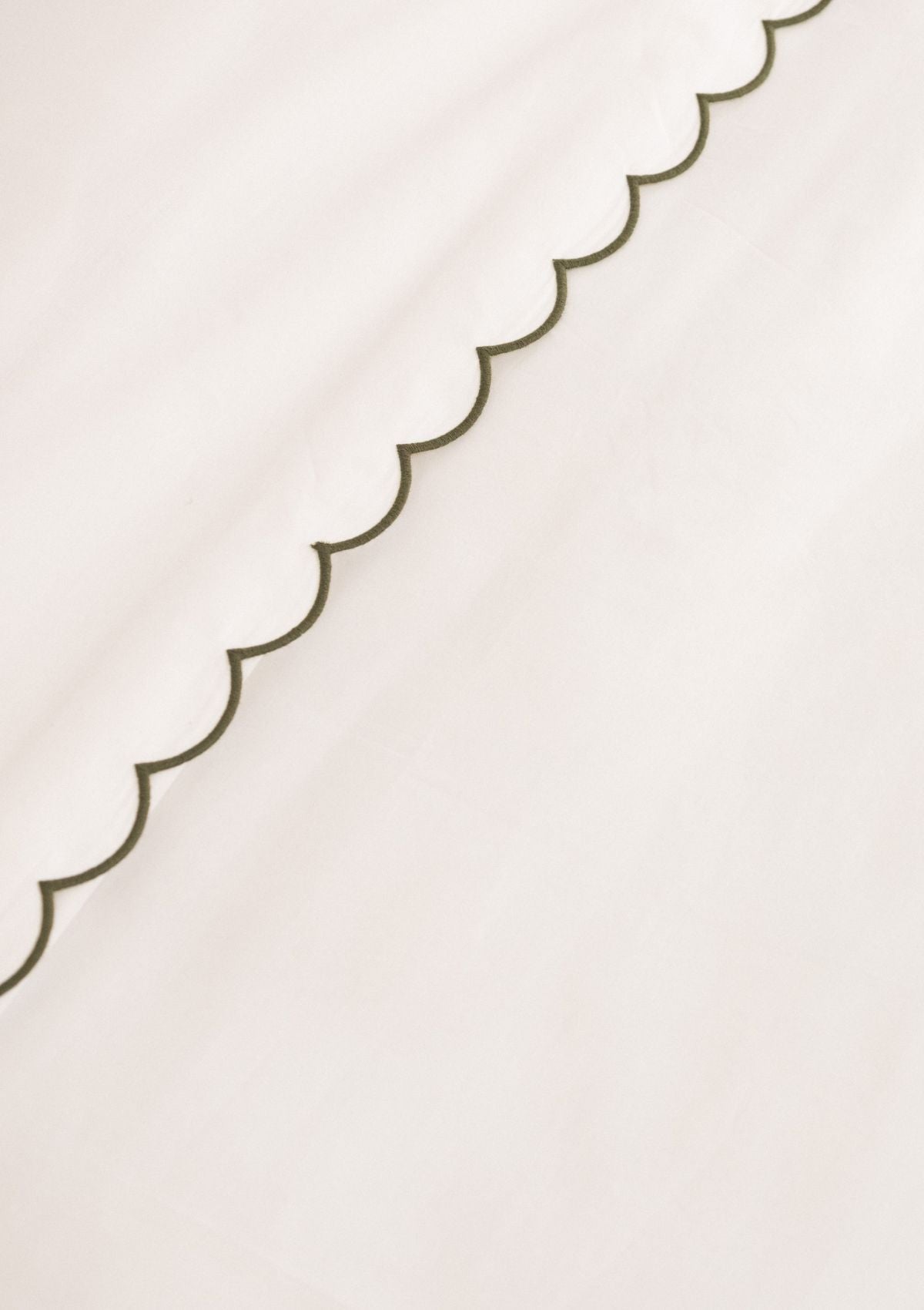 The Scalloped Duvet Cover in White and Forest Green Cotton Percale