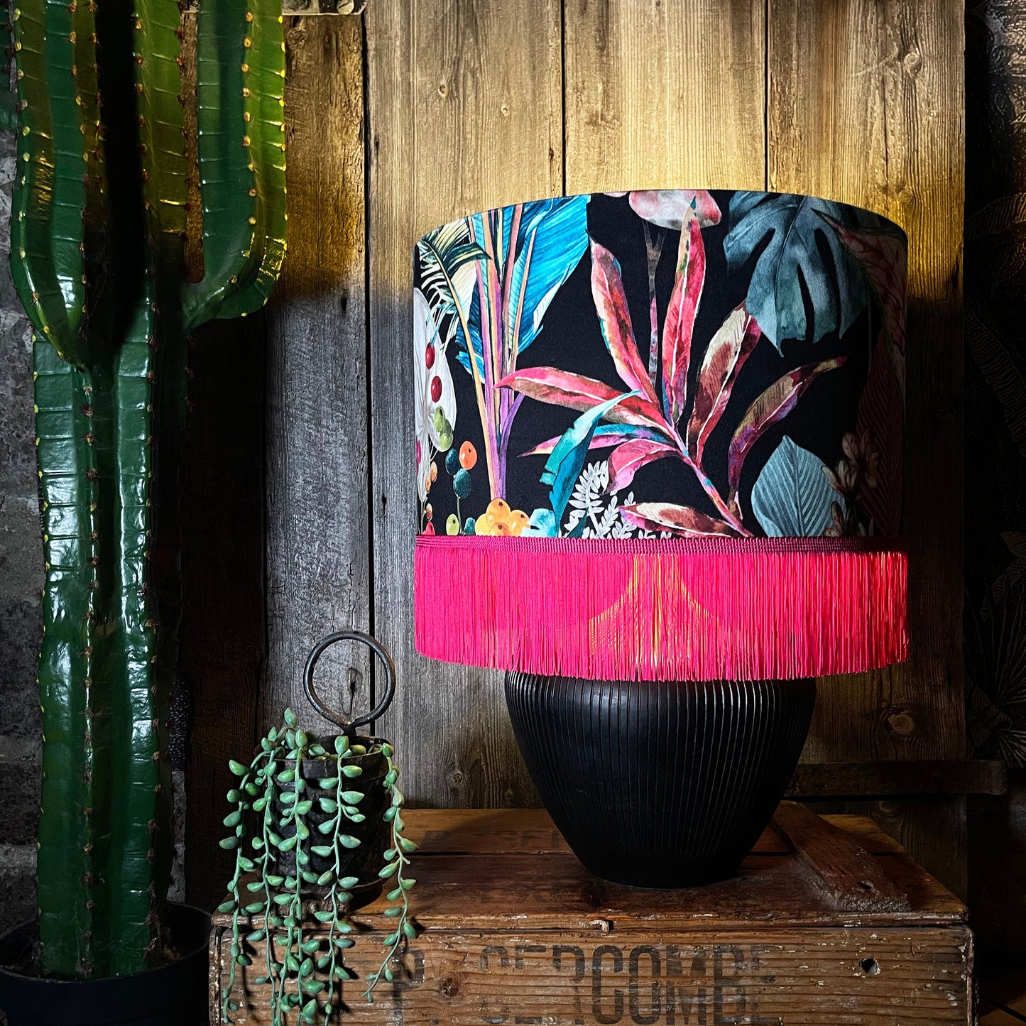 Acid Jungle Lampshade With Gold Lining and Hot Pink Fringing