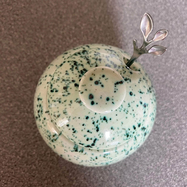 Sugar Bowl with Silver Leafy Spoon Speckled Green Glaze