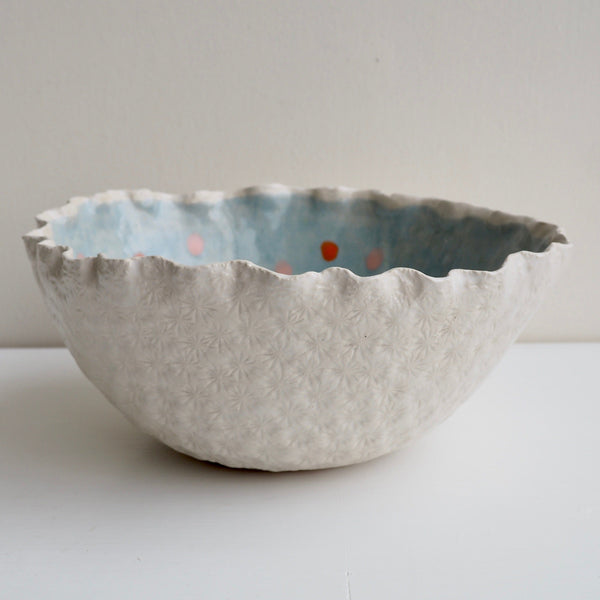 Handmade Blue & White Textural Ceramic Fruit Bowl with orange & pink polka dots