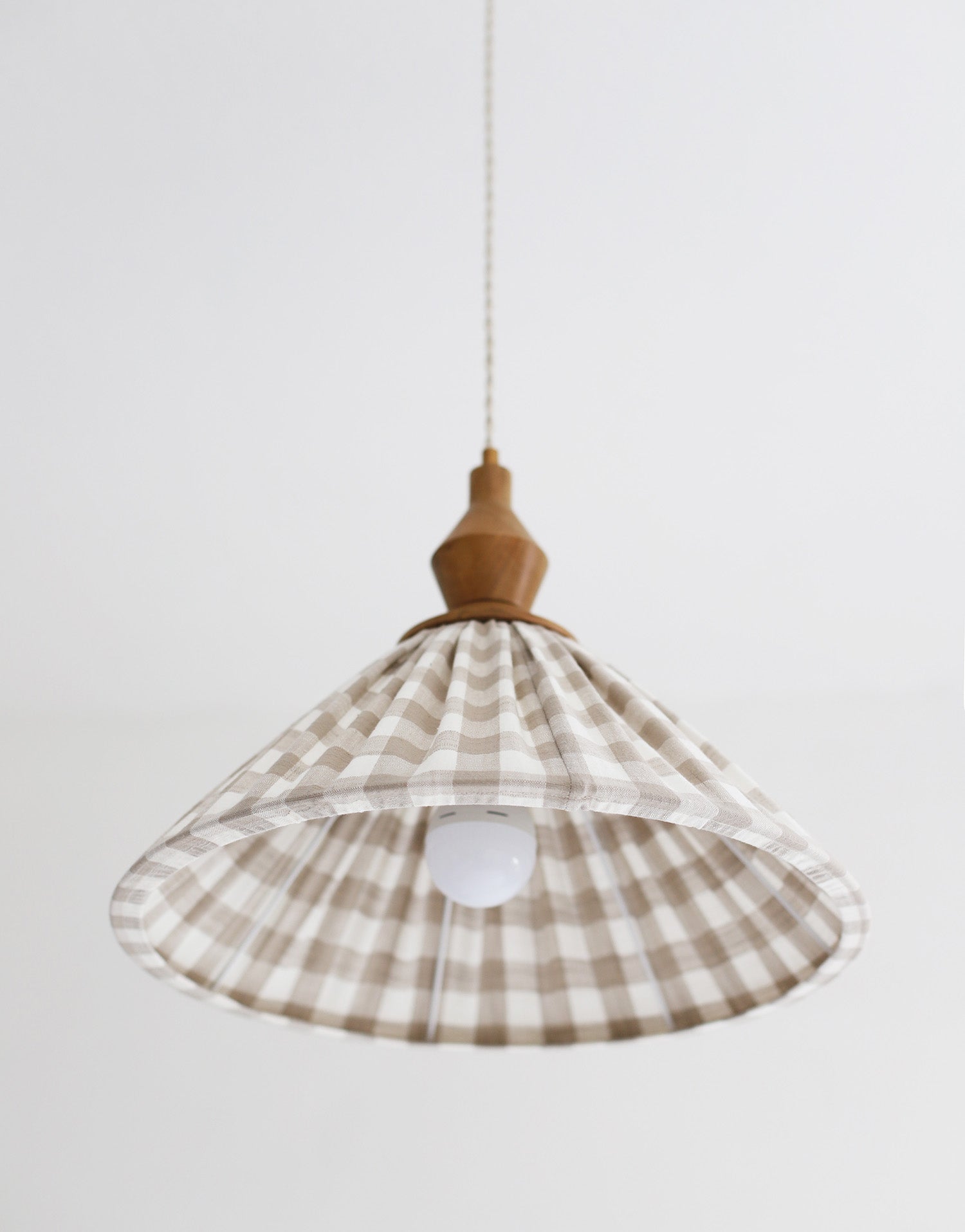 Olga Pleated Pendant Light in Beige Check Fabric with Turned Wood Finish