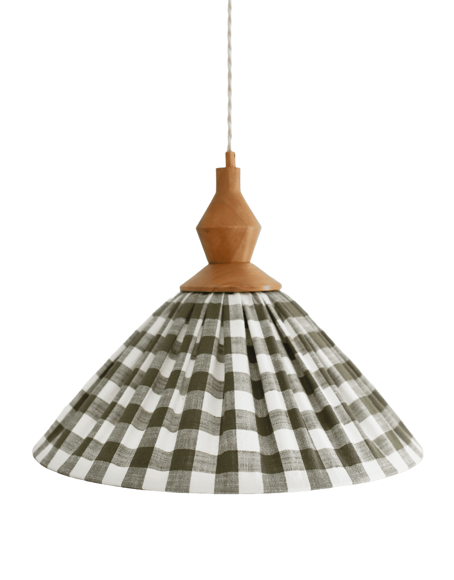 Olga Pleated Pendant Light in Khaki Check Fabric with Turned Wood Finish