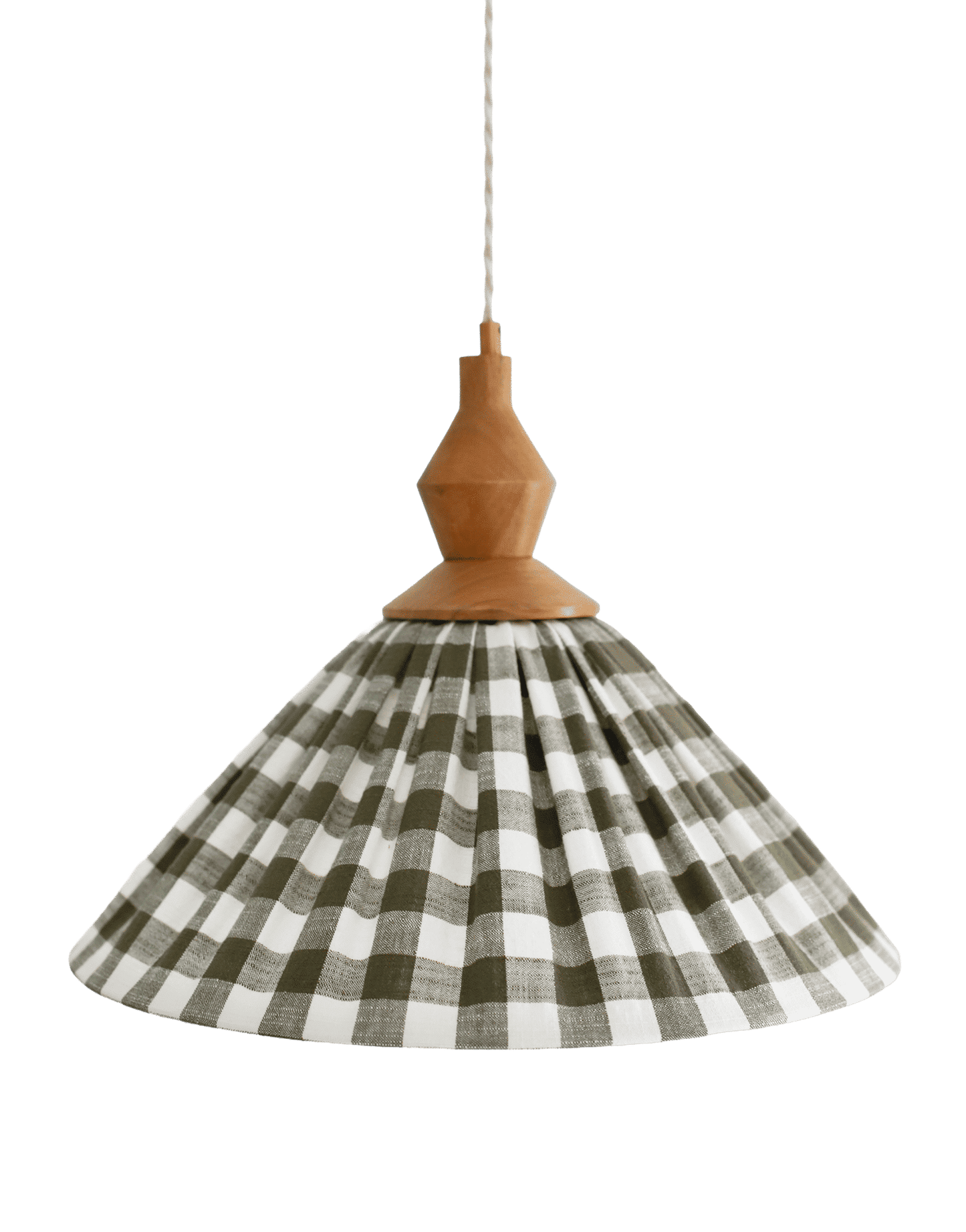 Olga Pleated Pendant Light in Khaki Check Fabric with Turned Wood Finish