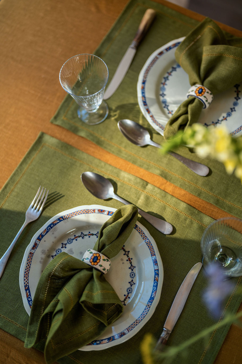 Set of 6 Personalised Fern Green Placemats with Ochre Hemstitch