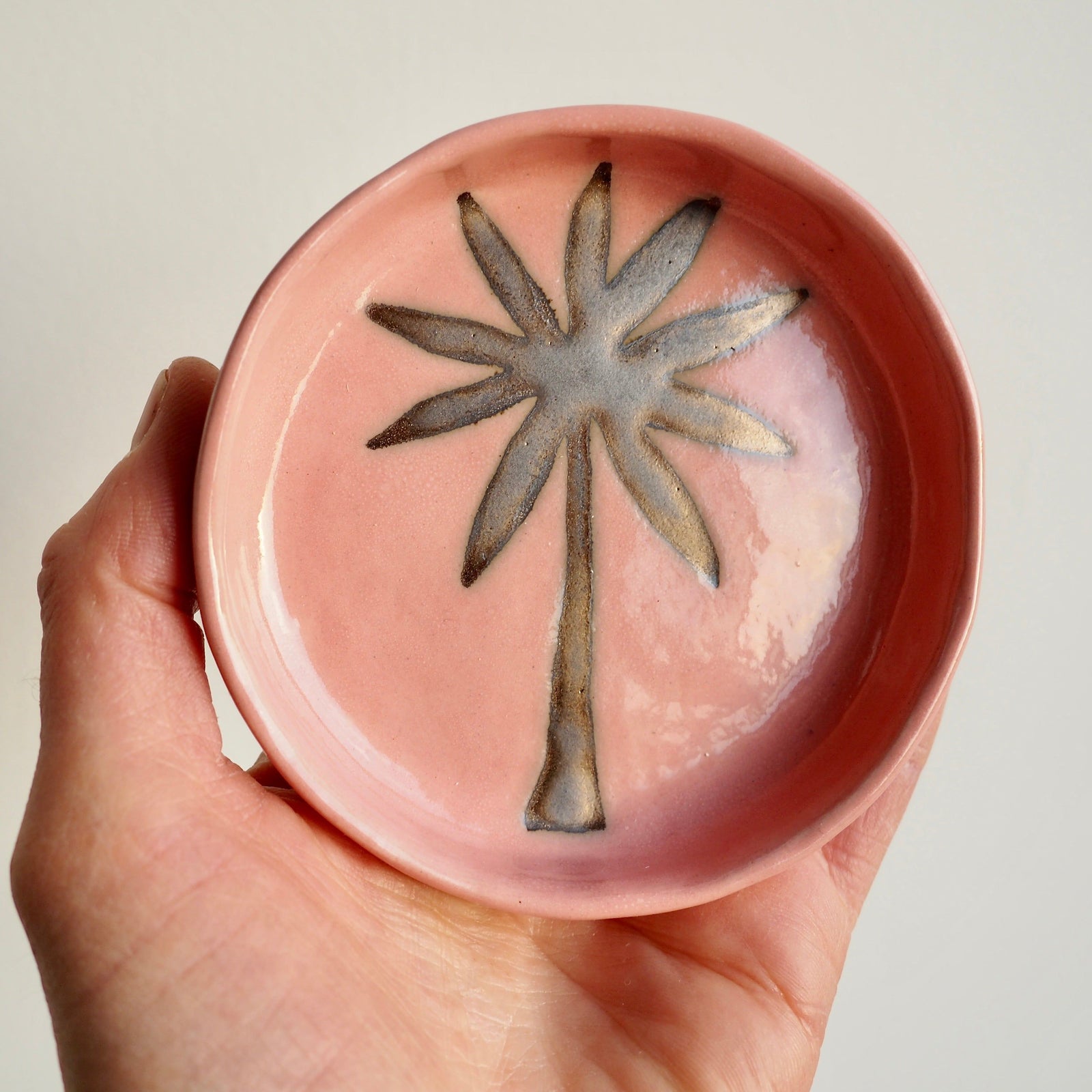 Handmade Pink and Gold Ceramic Palm Tree Ring Dish