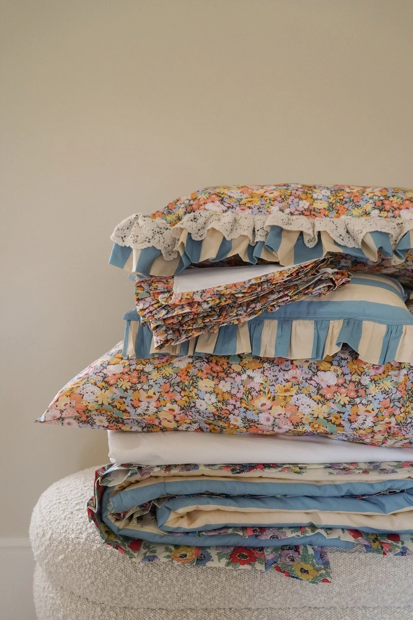 Frill Edge White Pillowcase made with Liberty Fabric THORPE YELLOW