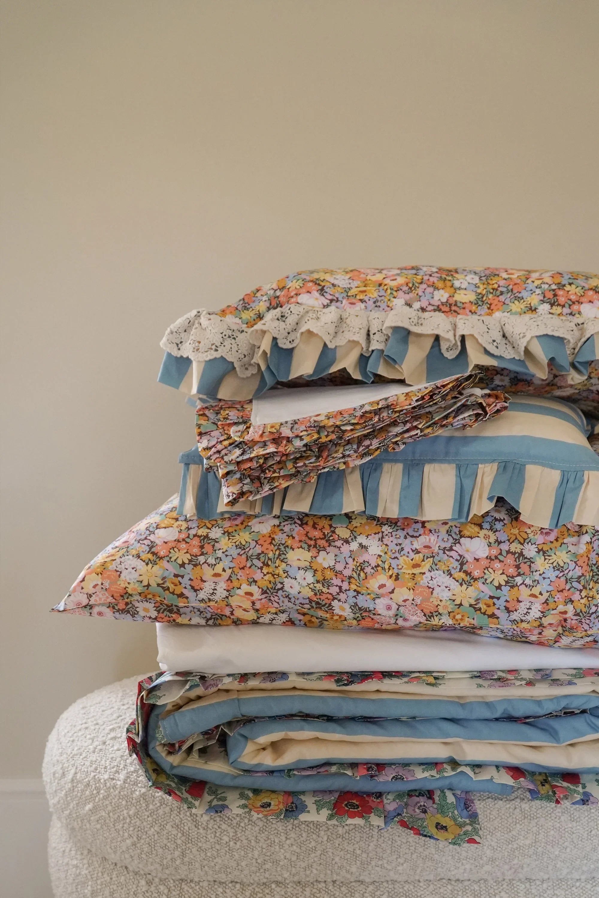 Frill Edge White Pillowcase made with Liberty Fabric THORPE YELLOW